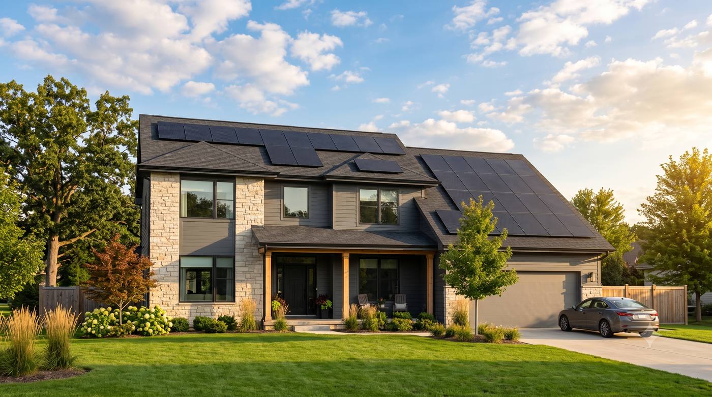 Family home with rooftop solar panels in Illinois